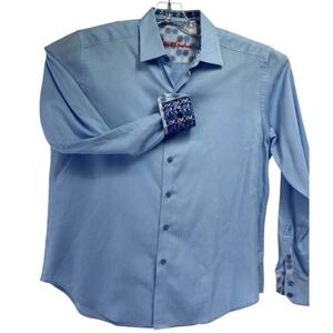 Robert Graham Mens Medium Blue W/Embossed Dots Flip Cuff Dress Shirt (B35) EUC